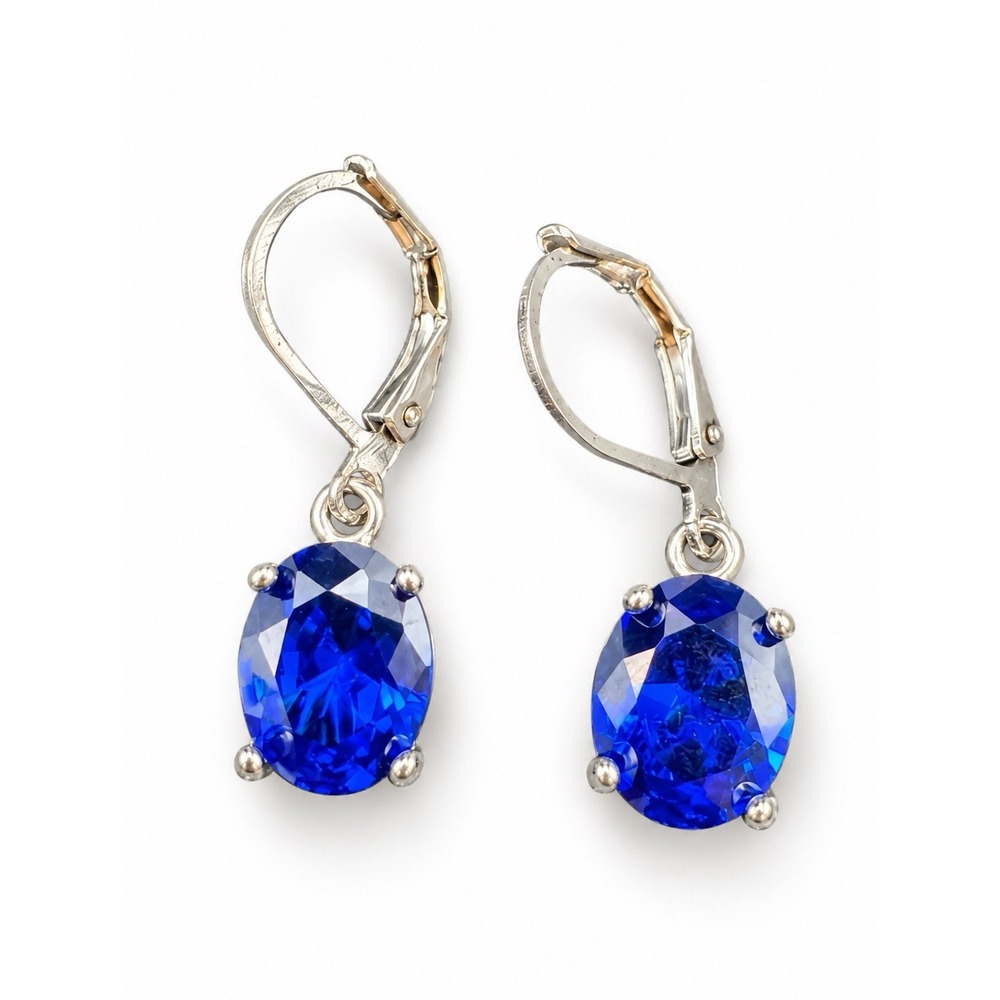 Blue Oval Faceted Stone Dangle Drop Earrings Silver Tone Prong Set Leverback